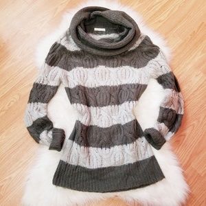 Grey Striped Sweater with Oversized Turtleneck